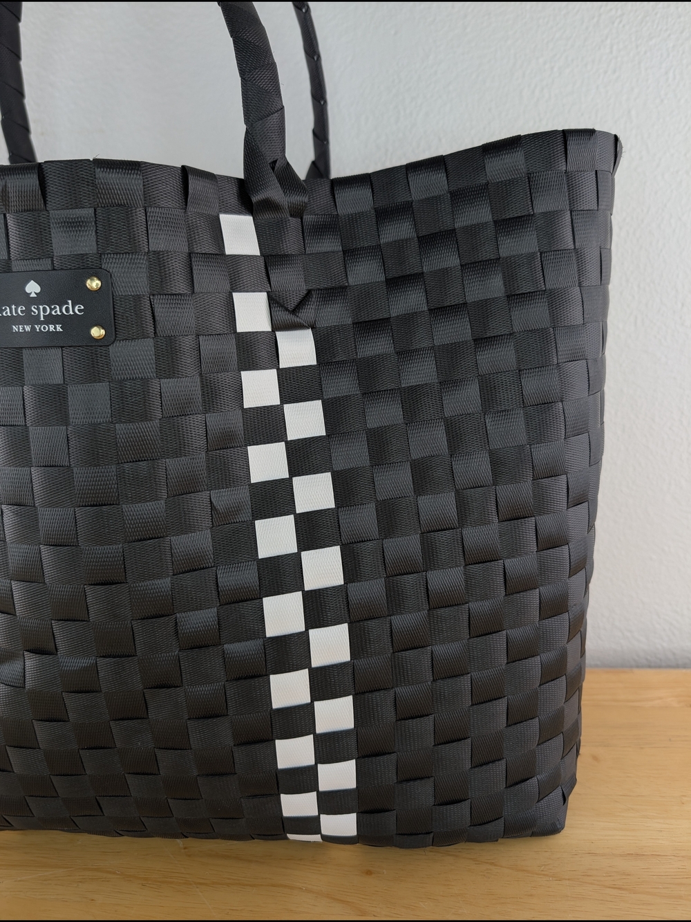 Kate Spade Black White Checker Stripe Basket Weave Woven Tote Bag Beach Shopping - Picture 4 of 16